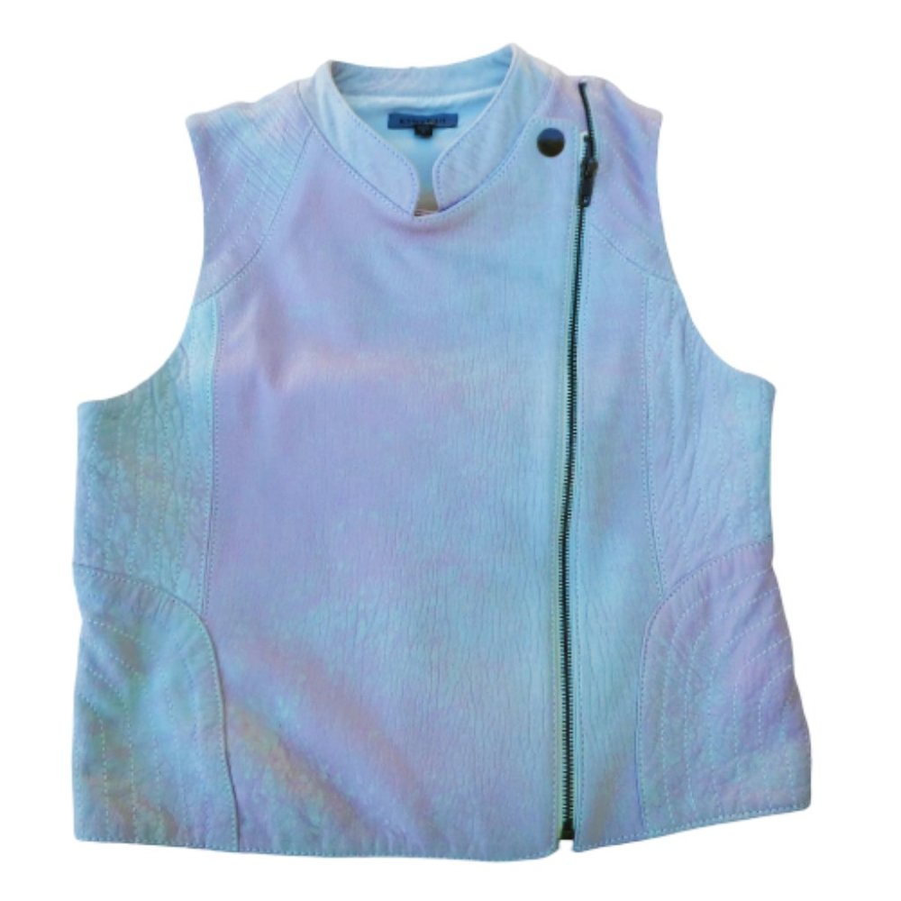 LeaTHeR USA Moto Vest Lined Ivory Pink Mandarin Collar Asym Zip Snap Kymerah S